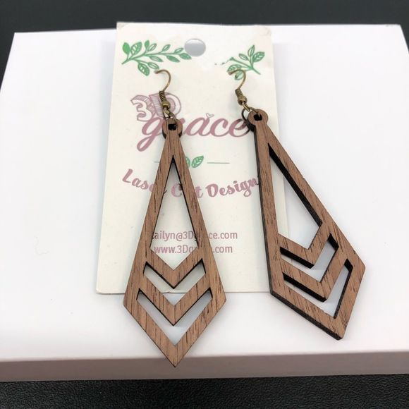 Geometric Chevron 3D Laser Cut Wood Pierced Earrings - Picture 1 of 4